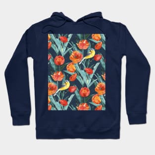 Blue Headed Wagtail in the Tulips - Indigo and Orange Hoodie